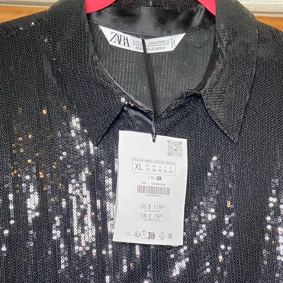 Zara Black Sequin Button Front Shirt Glam Party Evening Top XL NWT - Picture 4 of 4